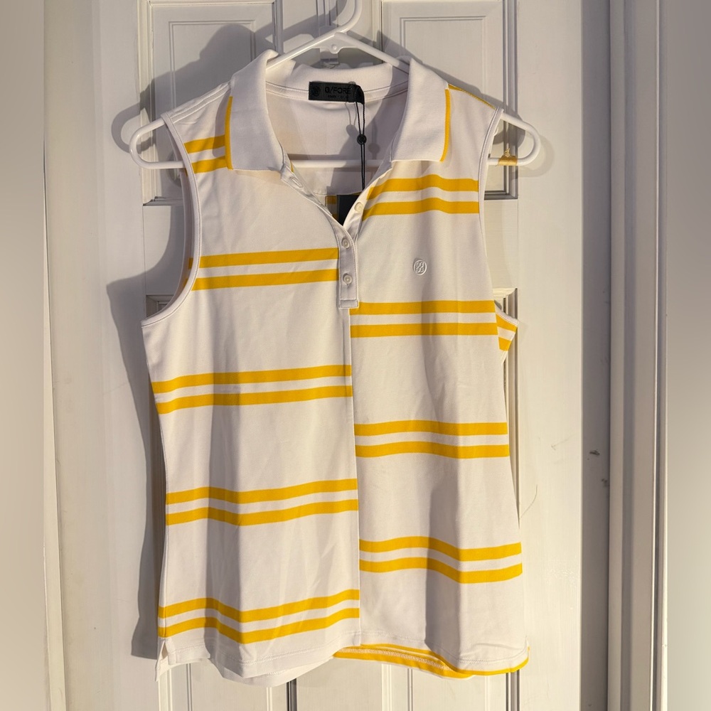 G/FORE White and Yellow Striped Collared Sleeveless Top